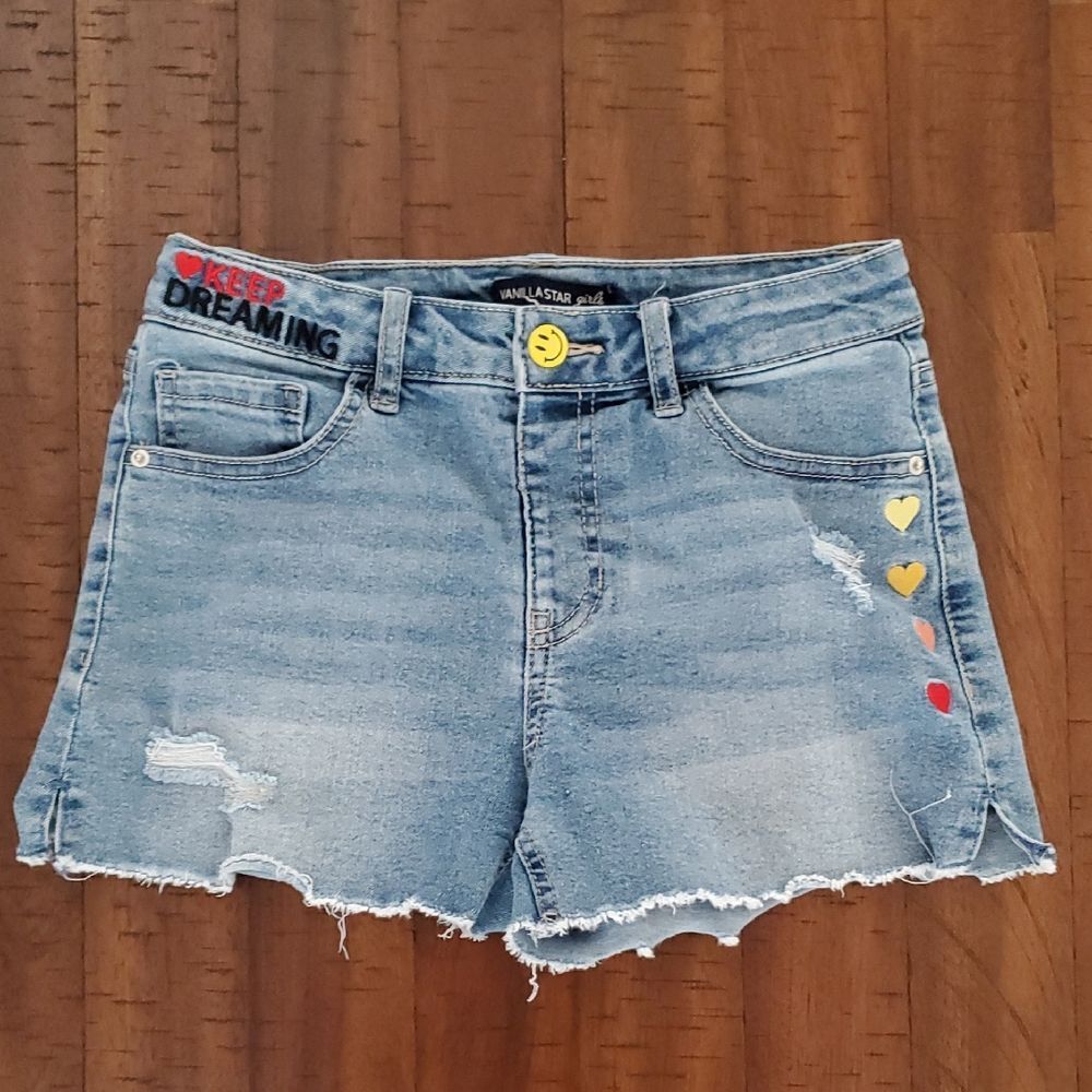 Vanilla Star Girl's Blue Jean Shorts with Heart Details - Size 12